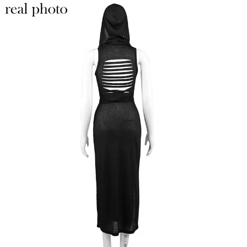 Goth Dark Gothic Desert Walker Hooded Punk Hollow Out Midi Dress - Picture 12 of 26