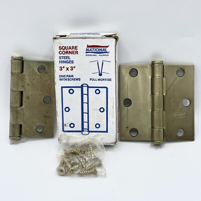 1 Pair W/ Screws 512 National SQUARE CORNER STEEL HINGES FULL MORTISE Dull Brass