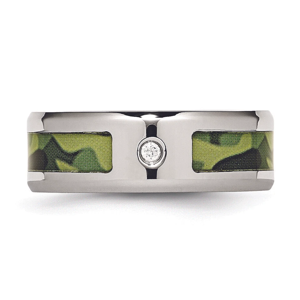 Cincel Acero Inoxidable Pulido con Circonita Estampada Verde Camuflaje Bajo Banda de Goma Anillo Foto 4 de 4