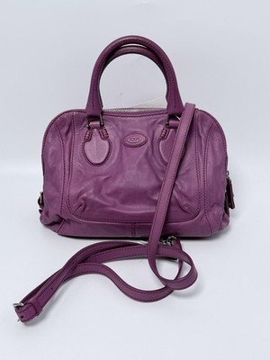Tod s Leather Boston Bag Purple Top Handle Crossbody Satchel JC145Tods