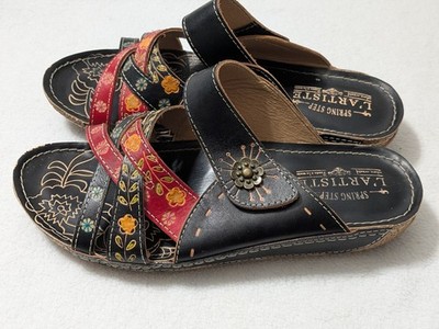 L Artiste Spring Step Boho Leigh Leather Slide Sandal Sz 40 US 9 Black Red 