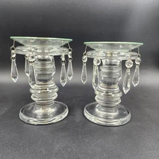 Set 2 Crystal Prisms Glass Candle Holders Bobeche Pedestal Pendalogues Rings