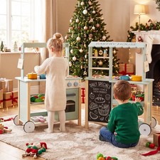 Play Kitchen for Kids, Wooden Kitchen Playset w/ Cookware Accessories, Wheels