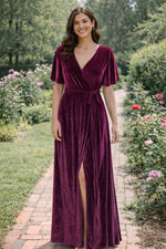 Baltic Born Size M Mulberry Velvet Short Flutter Sleeve Wrap Maxi Dress