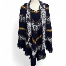 Artesanias Folkloricas Embroidered Poncho Shawl Ecuador 100 Wool Pattern Navy