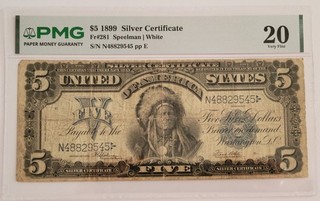 1899 $5 INDIAN CHIEF Antelope Silver Certificate PMG VF 20 Fr#281 Speelman|White