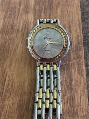 Riviera Womens Two Tone Crystal Accent Cut Out Bracelet Band Watch New Battery