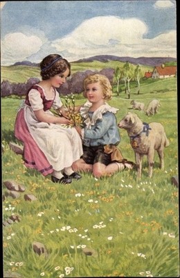 Künstler Ak Goldene Jugendzeit, Kinder und Lamm auf einer Wiese - 4139163