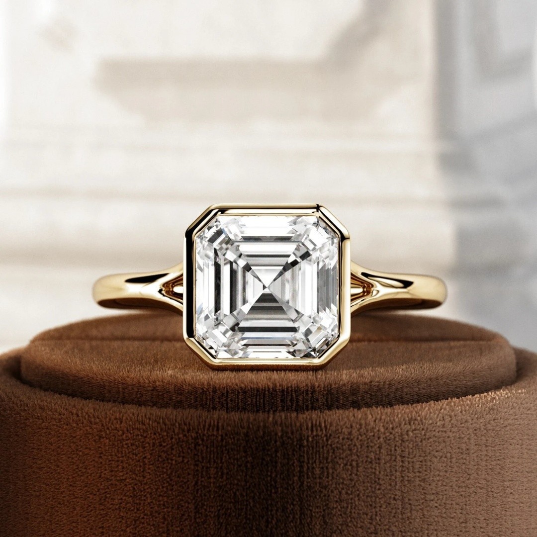 2 Ct Asscher Cut E VVS2 Lab Grown Diamond Split Shank Bezel Set Engagement Ring