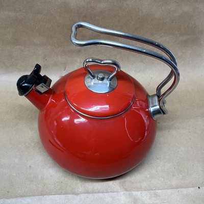 Classic RED Loop Enamel Whistling Tea Kettle Teapot Modern Silver Handle *READ