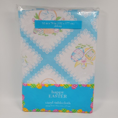 #ad #ad VTG Happy Easter Flannel Backed Vinyl Tablecloth Oblong 52x70 Lace Chick Kmart $18.77