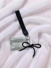 Silver Metallic Card Holder Wristlet Keychain w/ Black Bow Charm  Stud Detail
