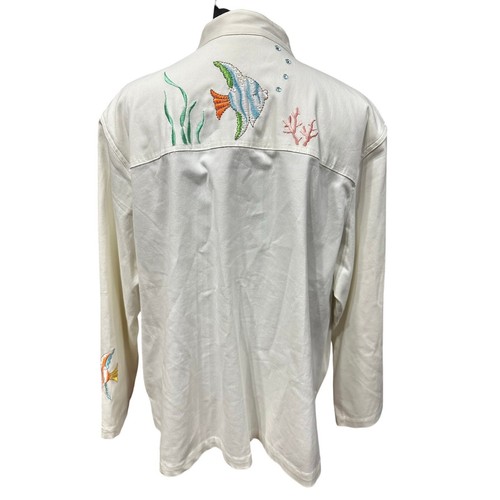 Quacker Factory Embroidered Jacket 2 XL White Fish Sequins Sea Tropical Beach - Picture 3 of 10