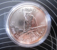 SML  $5 2012 Canada Wildlife Series Cougar 1 oz .9999 Fine Silver BU~in Capsule