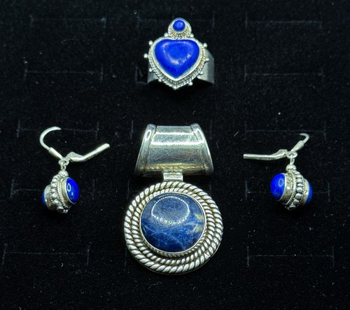 925 Sterling Silver Mexico Lapis Lazuli Pendant Ring and Earrings Set. 29.76G