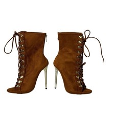 Brown Suedette Peep Toe Lace Up Heel Zip Stiletto Ankle Boots Womens US 5