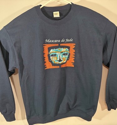 Vtg ''Mascara de Jade'' Mesoamerican Art Mexico Embroidered Sweatshirt Size L