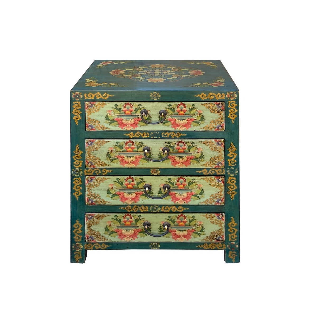 Distressed Teal Green Blue Flowers Graphic 4 Drawers End Table Nightstand cs7357S Distressed Teal Green Blue Flowers Graphic 4 Drawers End Table Nightstand cs7357S