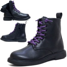 Girls Army Boots Zip Up School Winter Fur Ankle Biker Military Combat Boots Shoe