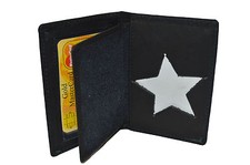 POLICE ID BADGE HOLDER STAR CUTOUT NEW BLACK GENUINE LEATHER RARE STYLE