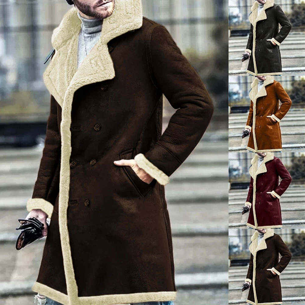 Mens Suede Trench Coat Lapel Collar Fur Lined Jackets Winter Warm