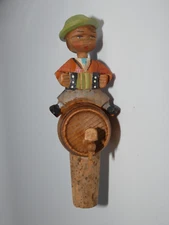 ANRI Boy on Keg Playing an Accordion Head Moves Vintage Cork Bottle Stopper.