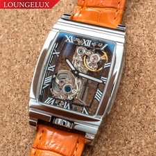 Mens Silver Bridge Manual Mechanical Watch Orange Leather Strap Gift