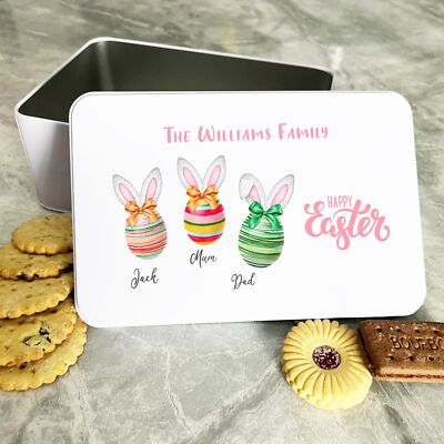 Ostereier und Hasenohren Familie personalisiertes Geschenk Keks Süßigkeiten Leckerbissendose