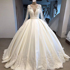 Princess Wedding Dresses Satin Long Sleeves Lace V Neck A Line Bridal Gowns
