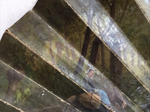 "Landscape / Children 19th Century" Antique Oil on Large Fan, Signed. To Restore - Picture 15 of 24