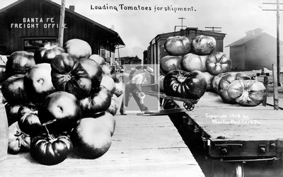 Loading Exaggerated Tomatoes Railroad Car Santa Fe Station - REPRINT