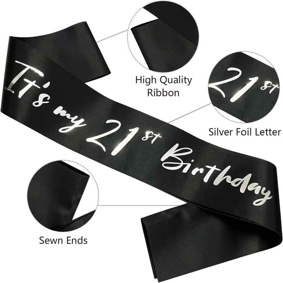21st Birthday Sash - 21 Today! Party  - White/Black Edwardian Font main image 1
