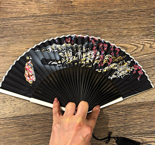 Japanese Black Folding Hand Fan, Multicolor Floral &Geisha