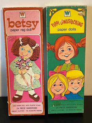 Lot 2 Vintage 70's Whitman Pippi Longstocking / Betsy Paper Rag Doll Set