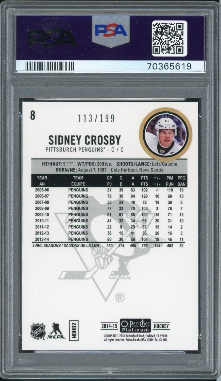 SIDNEY CROSBY 2014-15 O-PEE-CHEE PLATINUM, WHITE ICE #113/199 PSA 10!! view 3