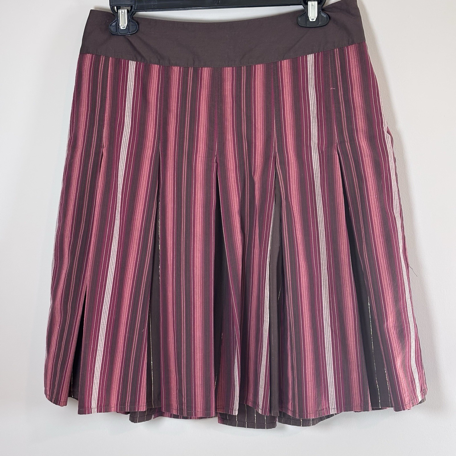 Apt.9 Women Pleated Skirt Brown/Burgundy Rust Striped Line A line 100% Cotton 8P