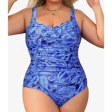 Blue Paisley Ruched One Piece Swimsuit Sweetheart Neck Padded Plus Size Boho