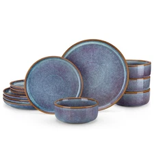 PLAYA Plates and Bowls Sets, 12 Pieces Grey-Blue Dinnerware Sets for Kitchen,...