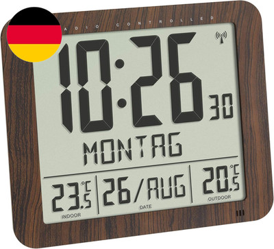 TFA Dostmann Digitale Wanduhr Mit Holz Optik, 60.4518.08, Inkl Funkuhr Mit Außen