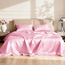 Satin Queen Sheets Set 4 Piece Pink Silky Bed Sheets Set W/ Deep Pocket