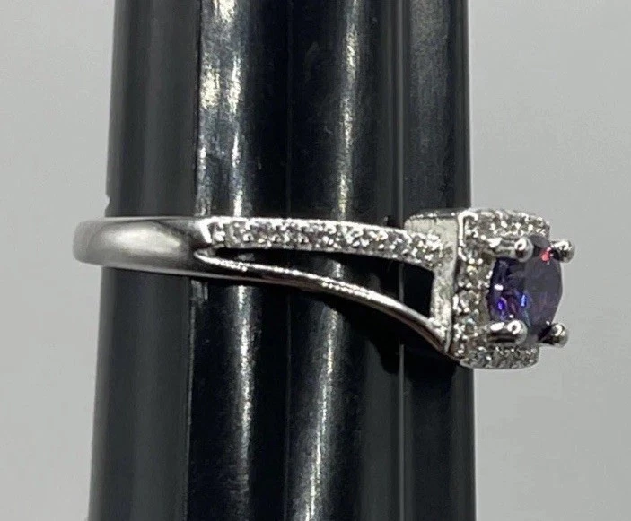 Purple Amethyst Round Stone CZ Square Halo Sterling Silver Ring Size 7.25 Women - Image 4 of 4