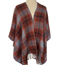 Soft Surroundings One Size Red  Gray Plaid Acrylic Open Fringed Poncho Cape