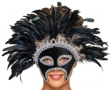 Silver Lace Border Lined Beautiful Black Feather Masquerade Mask