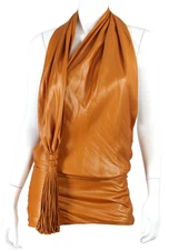 BOTTEGA VENETA Squash Orange Woven Backless Tassel Halter Neck Blouse 38