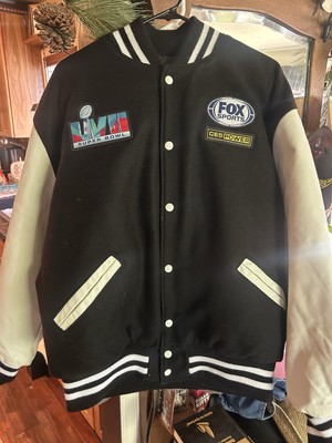 HOLLOWAY VARSITY LEATHER COLLEGE JACKET SUPER BOWL / FOX SPORTS ROYAL/WHITE XL