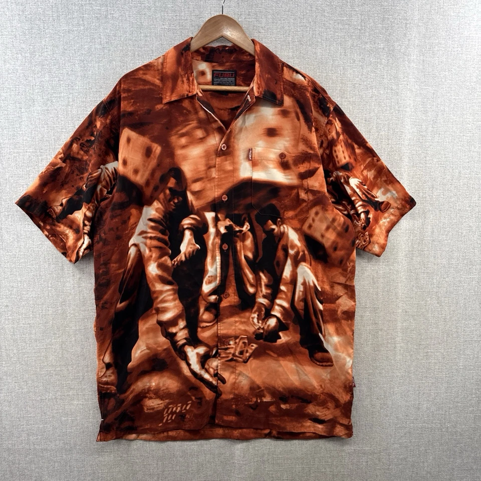 VINTAGE FUBU Shirt XL Brown Rap Hip Hop All Over Print Short Sleeve Button Up - Image 2 of 4
