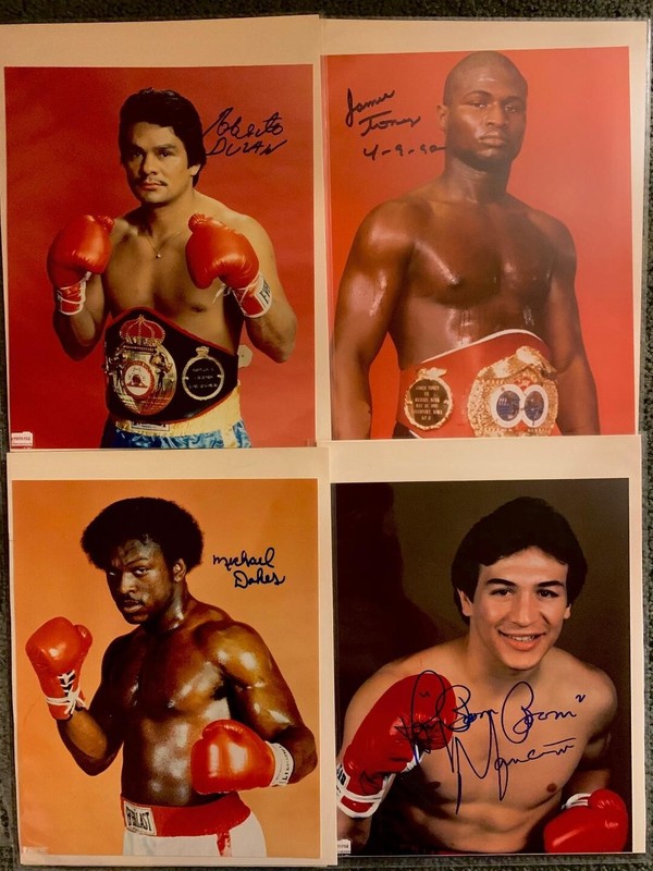 4 BOXING SIGNED PHOTOS  DURAN, MANCINI, TONEY AND DOKES  COMES WITH STINSON COAS