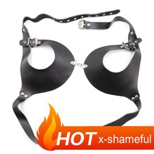 Genuine Leather Womens Lingerie Open Cupless Chest Bra Harness Adjustable