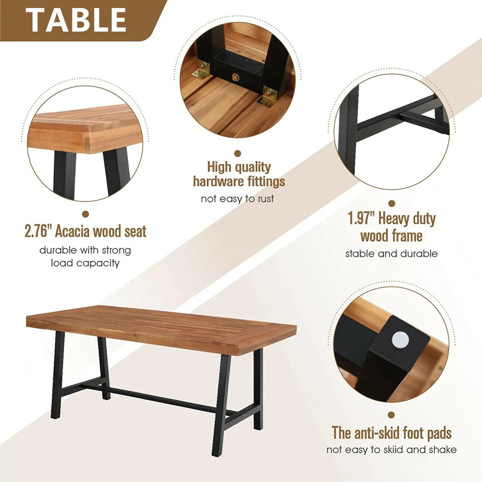 Conjunto de móveis de jantar 7 peças de vime para pátio mesa de madeira vime cadeiras externas - Imagem 4 de 4