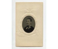 TINTYPE STUDIO PORTRAIT LADY W/ BOW + BANGS, 1/16 PLATE, PERIOD MAT
